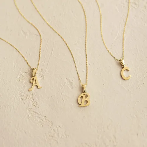 Vista 4 de 14K Solid Gold Cursive Initial Necklace 14K Real Gold Script Letter Necklace for Women 14K Yellow Gold Alphabet Pendant Necklace Dainty 14K Gold