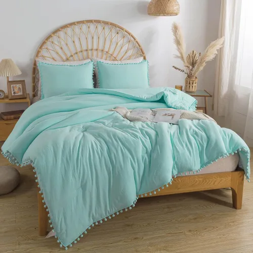 Vista 2 de Juego de funda de edredón con flecos y pompones, juego de cama de microfibra lavada de color natural, 3 piezas, funda de edredón de plumón