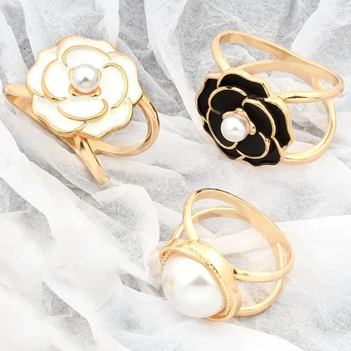 Vista 5 de 4 piezas de clip de anillo de bufanda para mujer, broche de perlas y flores, hebilla de metal para chal, accesorios de decoración para damas y niñas