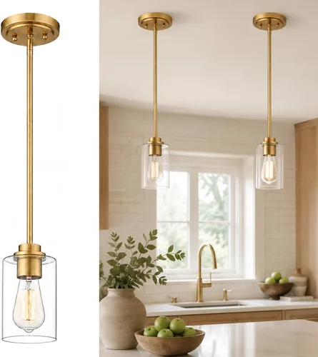 Vista 16 de Luces Colgantes para Isla de Cocina, 7" Luminarias Colgantes Negras y Doradas con Pantalla de Globo de Vidrio Transparente, Iluminación Moderna