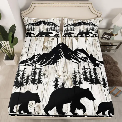 Vista 2 de Manfei Juego de sábanas de oso tamaño individual, diseño de silueta de árbol negro, 3 piezas con sábana bajera de bolsillo profundo + sábana