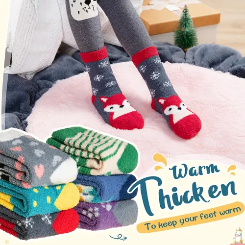 Vista 2 de Calcetines peludos para niños, antideslizantes, suaves y esponjosos, calcetines cálidos de felpa acogedora para niños y niñas, 6 pares