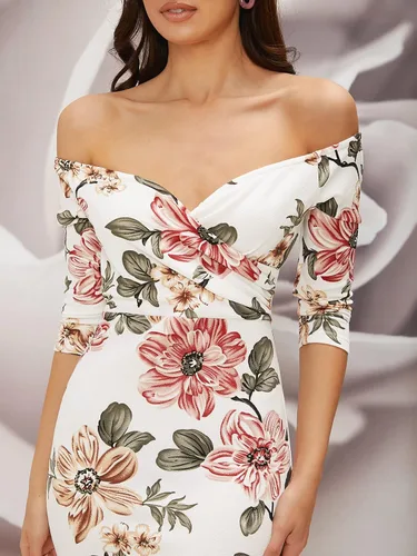 Vista 3 de Floerns Vestido largo ajustado con estampado floral y hombros descubiertos para mujer