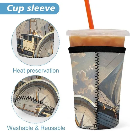 Vista 3 de Ship And Compass Reusable Insulated Neoprene Iced Coffee Cup Sleeves 3 Sizes Diving Material Cup Durable Beverage Covers for Cold Coffee Tea Drinks