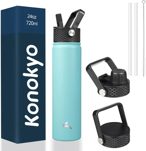 Vista 69 de Konokyo - Botella de agua aislada de 18 onzas, botellas deportivas de acero inoxidable con 3 tapas, verde militar