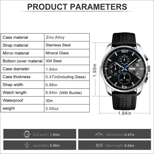 Vista 6 de SKMEI Men Watches Black Leather Band Sports Large Big Face Luxury Waterproof Luminous Fashion Dress Casual Analog Quartz Chronograph Father Gifts