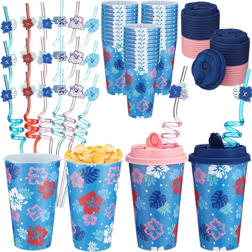 Vista 20 de Yungyan 16 juegos de tazas de golosinas con tapas y pajitas para decoraciones de cumpleaños, reutilizables, 16 onzas, vasos de plástico para dulces