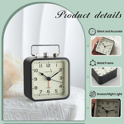 Vista 2 de FLOITTUY Reloj despertador cuadrado de metal, silencioso, sin tictac, funciona con pilas, luz nocturna y reloj de escritorio para dormitorio, Negro
