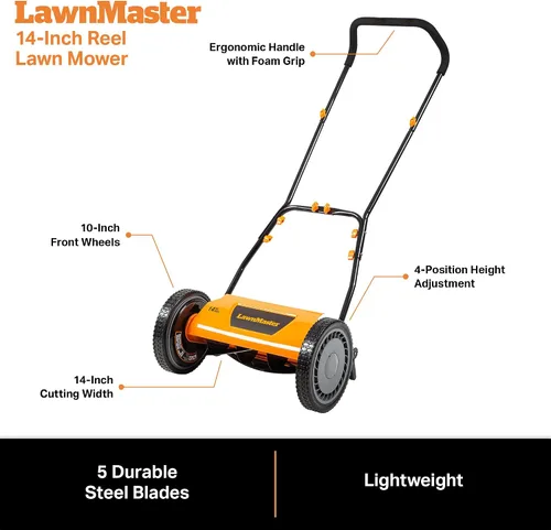 Vista 6 de LawnMaster LMRM1401 - Cortacésped con carrete de empuje (14 pulgadas, 5 cuchillas)