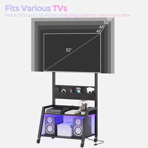 Vista 6 de YATINEY Soporte de TV móvil con toma de corriente, soporte de TV móvil con luz LED de hasta 55 pulgadas, carrito de TV con soporte, 5 bolsas de tela