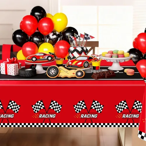 Vista 7 de Oigco Paquete de 4 manteles rectangulares de auto de carreras, decoración de fiesta de cumpleaños de auto de carreras, mantel rectangular a cuadros