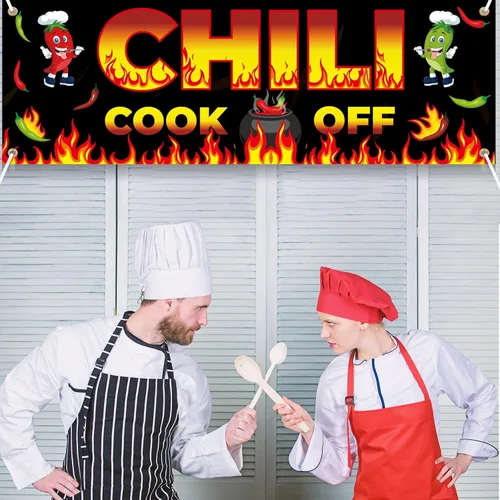 Vista 3 de Cartel de Chili Cook Off, pancarta de tela para concurso de 41 x 24 pulgadas, suministros para fiestas mexicanas (41.3 x 23.6 in)