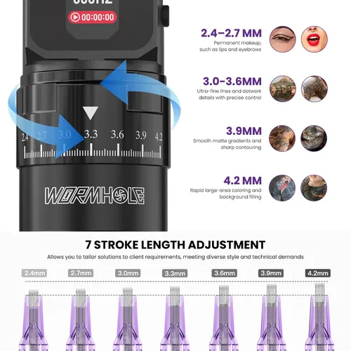 Vista 4 de Wormhole - 2 pistolas de tatuaje de batería de 2,300 mAh, máquina de tatuaje inalámbrica, 7 trazos ajustables, pantalla inteligente con 3 modos