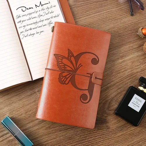 Vista 6 de Booson Diario de viaje inicial personalizado con mariposas, cuaderno de cuero, diario recargable, bloc de notas de escritura, monograma, regalo