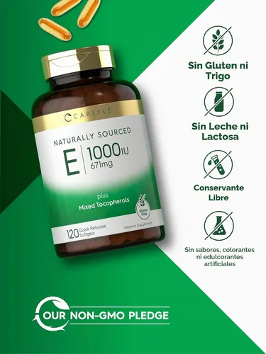 Vista 5 de Carlyle Vitamina E 1000 UI cápsulas blandas con tocoferoles mixtos 120 pastillas Suplemento de origen natural Fórmula sin OMG y sin gluten
