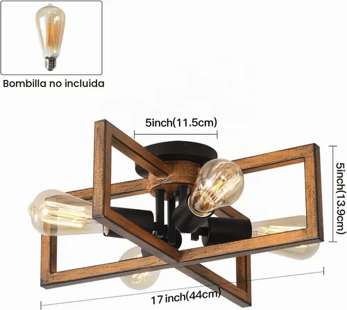 Vista 4 de KEESFU Lámpara de techo retro semiempotrada de 4 luces, con acabado de grano de madera de granja, iluminación rústica para dormitorio, sala