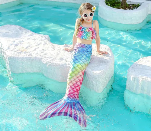 Vista 2 de DNFUN Colas de sirena para nadar para niñas, traje de baño de sirena con monoaleta