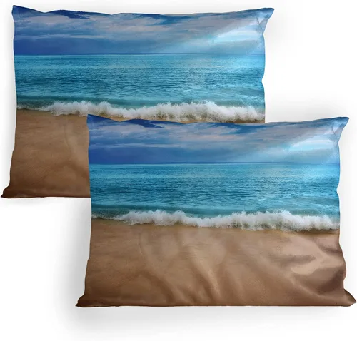 Vista 7 de Lunarable Ocean Pillow Sham Set of 2, Sunset at a Smooth Sandy Beach with Small Wave and Bubbles from The Sea, Quality Microfiber Bedding Item for