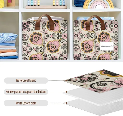 Vista 6 de Japanese Style Paisley Pink Flower Black Foldable Baskets Fabric Storage Bins with Handles Laundry Storage Bedroom Living Room for Makeup Books