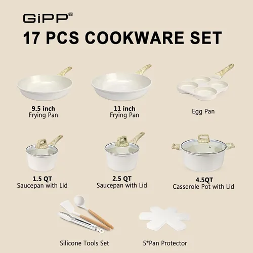 Vista 2 de GiPP Juego de ollas y sartenes de cerámica antiadherentes, juego de 17 utensilios de cocina antiadherentes, juego de cocina saludable y no tóxico