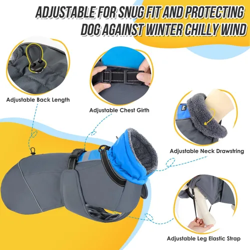 Vista 2 de SlowTon Abrigo de invierno para perro, resistente al viento, 3 capas de forro polar grueso y cálido, chaqueta para perro para clima frío, ropa Azul