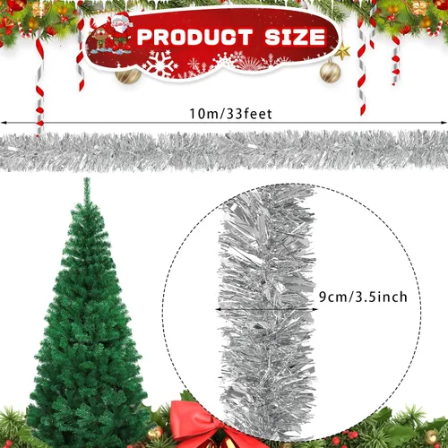 Vista 4 de DECORA - Guirnalda de oropel plateado de 33 pies, guirnalda de oropel metálico colgante para árbol de Navidad, decoración para el hogar y fiestas