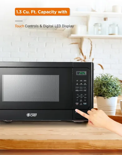 Vista 6 de Microondas Commercial Chef 1.3 pies cúbicos con 10 niveles de potencia, microondas con cerradura de botón de presión, microondas de 1000W para Negro