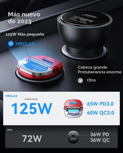 Vista 2 de MRGLAS【Actualizado】 Cargador de coche USB C de 125 W de carga súper rápida Rojo