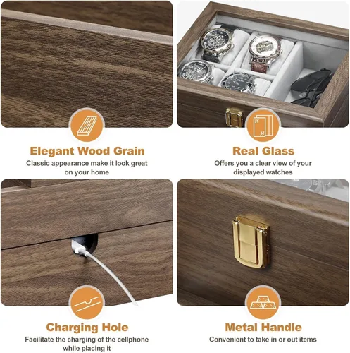 Vista 8 de Homde Paquete organizador de joyería una caja de exhibición de joyas con colgador de reloj y una caja de reloj con estación de carga para smartphone