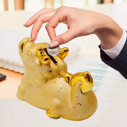 Vista 4 de Banco de dinero de dragón dorado, bonita caja de dinero, soporte para dinero familiar, almacenamiento de dinero de dragón, estatua de cerámica
