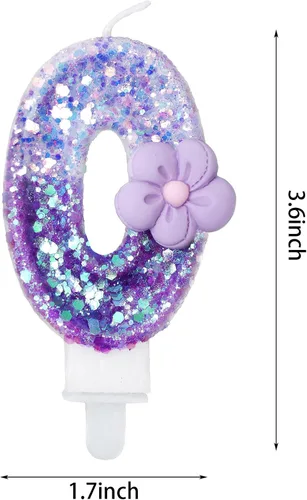 Vista 2 de Velas número 0, velas de cumpleaños con número de flor morada para pastel, velas de números morados que crean un ambiente romántico y cálido