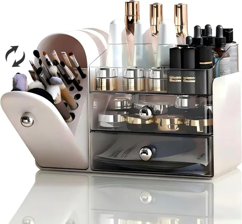 Vista 7 de Organizador de maquillaje para tocador con soporte de cepillo cubierto, organizadores de baño con cajón, organizador de cuidado de la piel