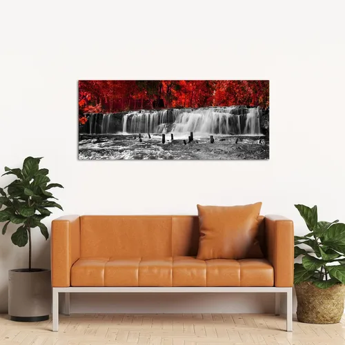 Vista 4 de SkenoArt Lienzo decorativo para pared, diseño de árboles rojos y negros, bosques, cascadas, paisajes, otoño, moderno, sala de estar, hogar, oficina
