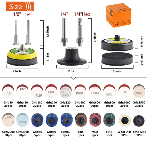 Vista 2 de Paquete de 279 discos de lijado de 2 pulgadas, kit variado para amoladora de taladro, herramientas rotativas, accesorios con vástagos de 1/8 y 1/4