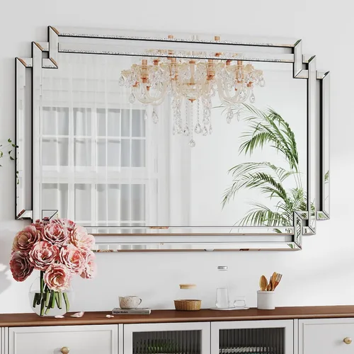 Vista 9 de Espejo decorativo para decoración de pared, elegante espejo de sala de estar de 24 x 36 pulgadas con piezas de vidrio y borde biselado, moderno