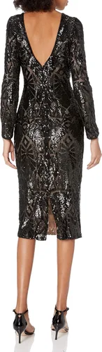 Vista 2 de Dress the Population Emery Vestido por debajo de la rodilla, de manga larga, con lentejuelas