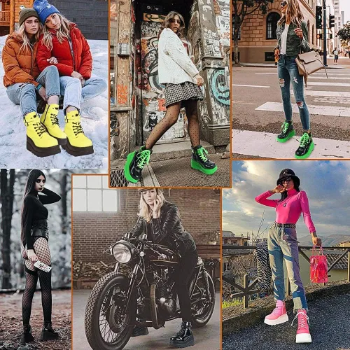 Vista 2 de CELNEPHO Botas de plataforma gruesa para mujer, puntera cuadrada, con cordones, tacón alto, tacón alto, botas de tobillo de cuña