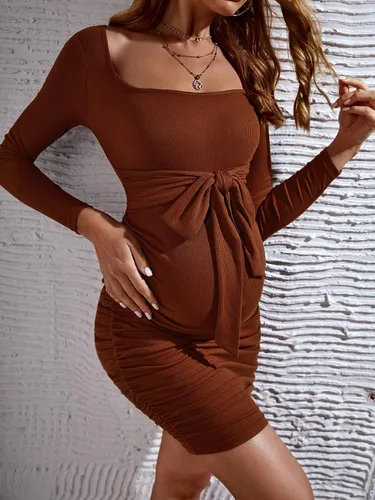 Vista 5 de Floerns Vestido de maternidad de manga larga con cuello cuadrado y lazo frontal para mujer
