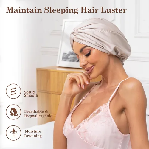Vista 69 de Gorro de satén de seda ajustable para envolver el cabello para dormir, gorro de dormir de doble capa, turbante nocturno para cabello largo y rizado