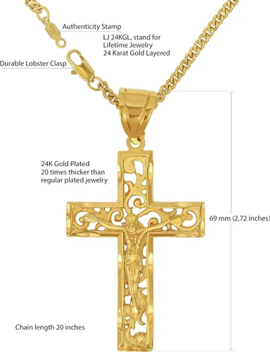 Vista 4 de LIFETIME JEWELRY Collar grande de cruz de crucifijo de filigrana para hombres y mujeres, chapado en oro de 24 quilates