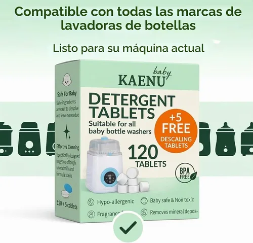 Vista 4 de Tabletas detergentes para lavar botellas, 120 unidades + 5 tabletas descalcificantes