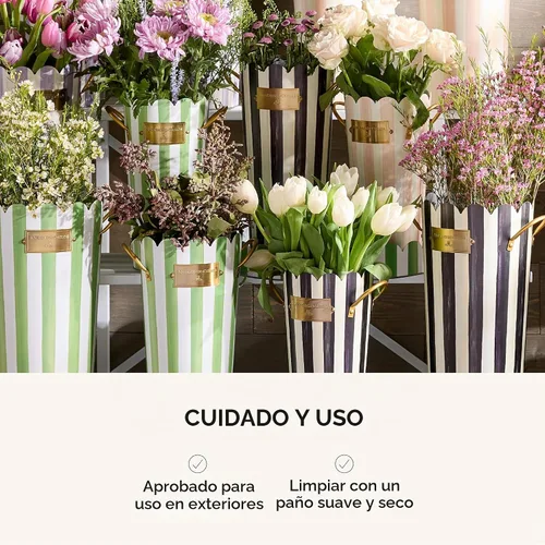 Vista 5 de MACKENZIE-CHILDS Juego de cubos de flores galvanizados, cubos de jardín con asas, jarrones al aire libre para decoración de patio, juego de 3, rayas