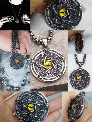Vista 6 de Collar de pentagrama punk de titanio de acero inoxidable con dije de estrella de pentáculo, collar personalizado contra el mal de ojo para hombres