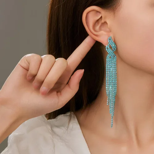 Vista 2 de Supra Diamanto Aretes largos de borla para mujeres y niñas, aretes largos de borla bohemia, aretes colgantes de diamantes de imitación, joyería