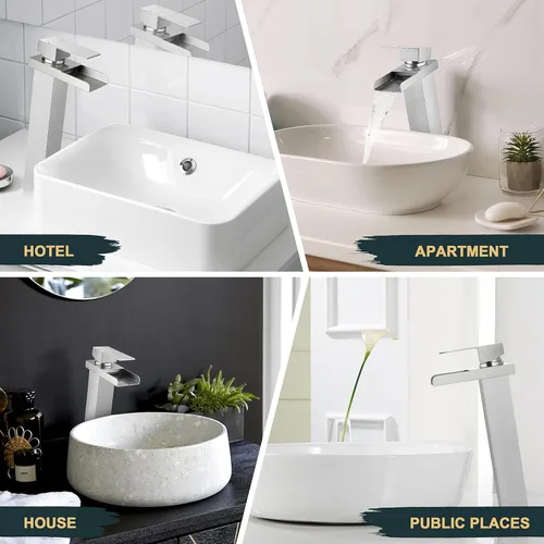 Vista 5 de Herogo Grifo de lavabo de baño, níquel cepillado de una sola manija, grifo alto de fregadero de baño con drenaje emergente y 2 líneas de suministro