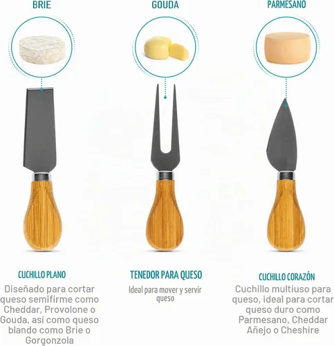 Vista 9 de BlauKe - Tabla de queso de bambú con cubiertos (incluye 3 cuchillos de queso)