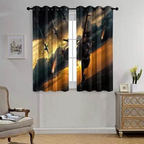 Vista 4 de Cortinas opacas con diseño de avión para dormitorio, hermoso estampado de combatientes de puesta de sol, con ojales, aislamiento térmico, cortinas