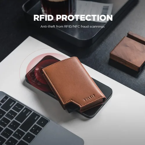 Vista 5 de VULKIT Cartera minimalista para hombre, con bloqueo RFID, cierre magnético, cartera de cuero con ventana de identificación, para dinero en efectivo