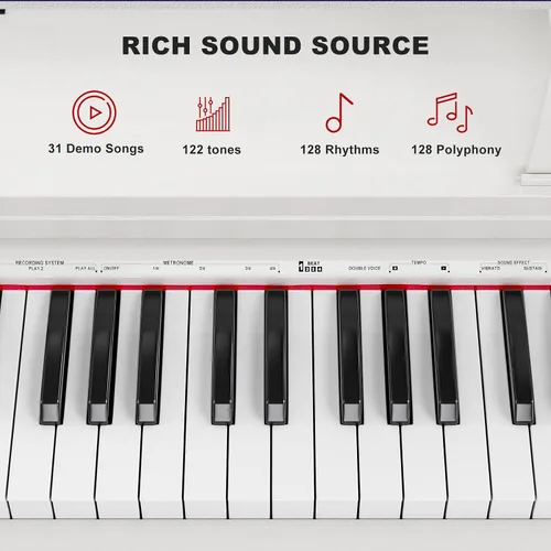 Vista 9 de UMOMO Piano digital de acción de martillo con peso de 88 teclas con banco de piano, soporte de madera vertical de 3 pedales, teclado de piano