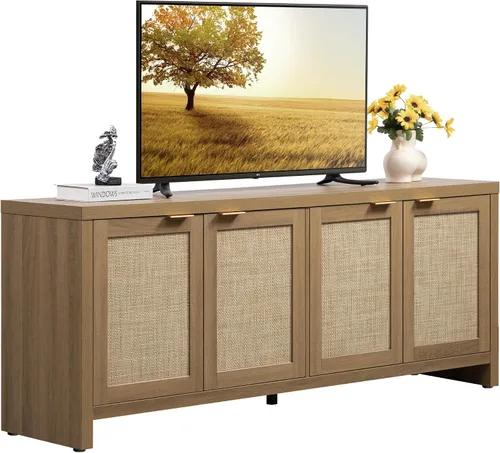 Vista 11 de SICOTAS Soporte de TV para sala de estar, centro de entretenimiento boho para dormitorio con 4 gabinetes de ratán, soporte de televisión de granja